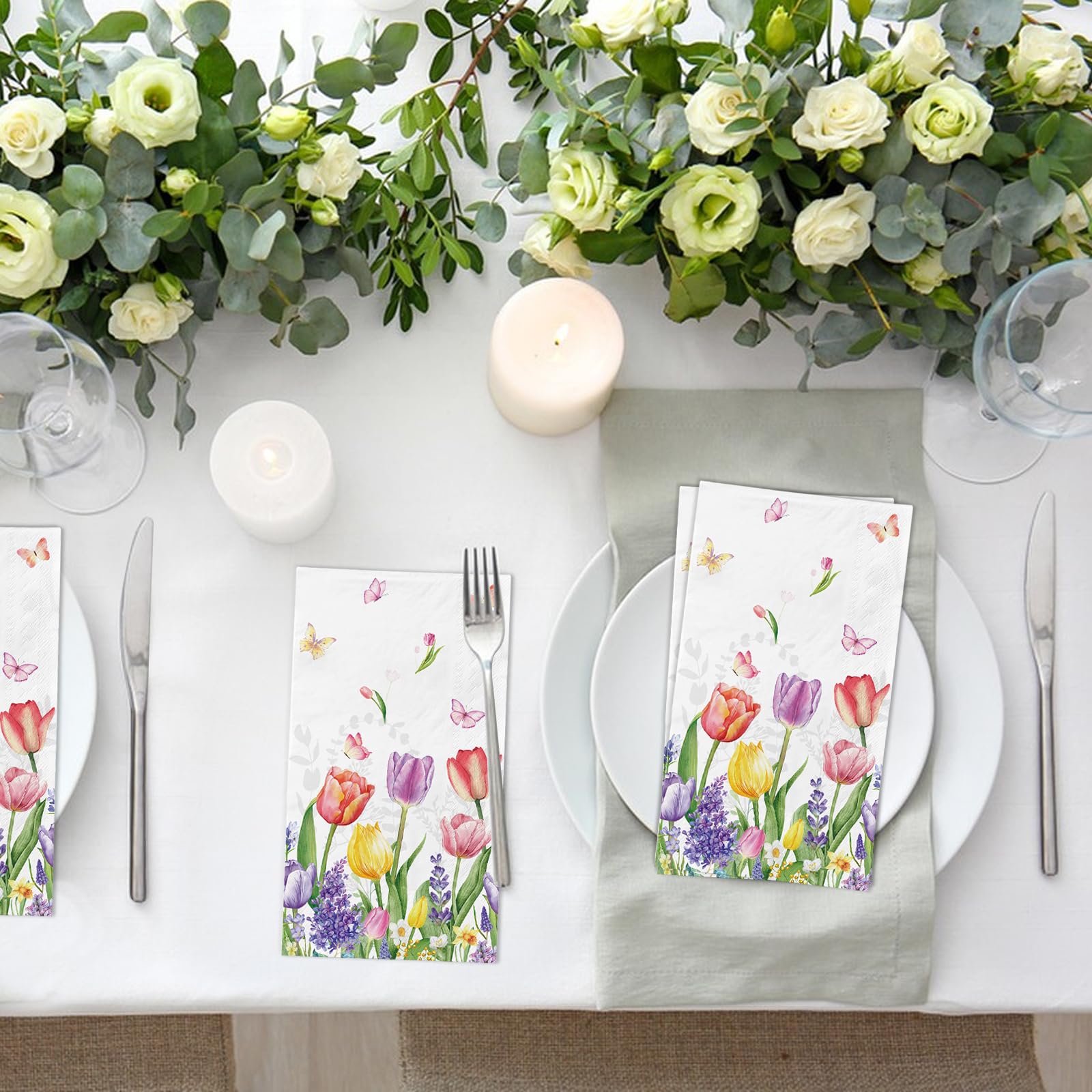 100 Watercolor Tulip Paper Napkins – Floral Decorative Guest Napkins for Parties, Dinner, Kitchen, Bathroom