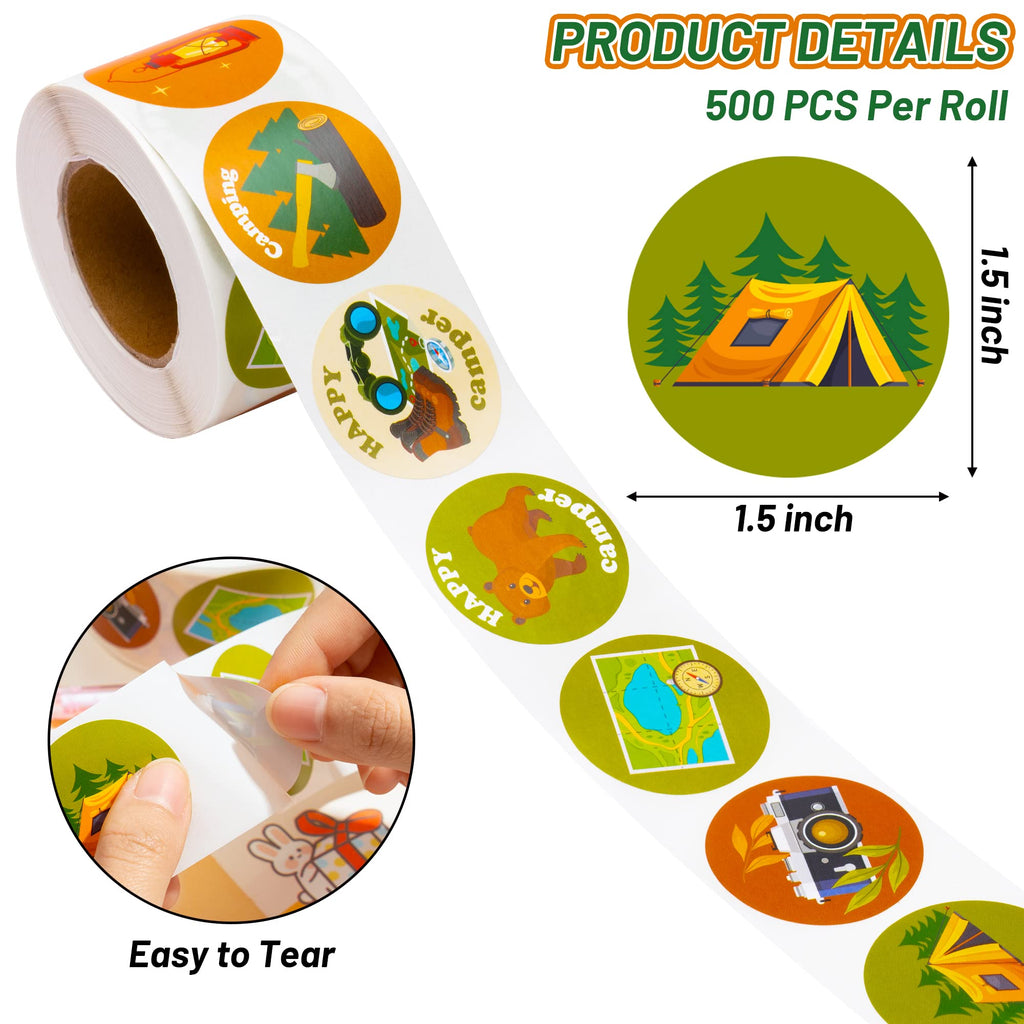1000 Camping Stickers – 2 Rolls of Happy Camper Decals for Travel, Gifts, and Rewards