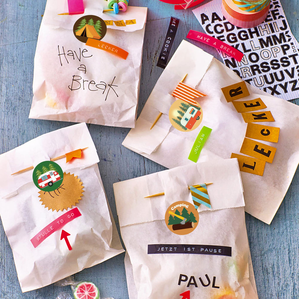 1000 Camping Stickers – 2 Rolls of Happy Camper Decals for Travel, Gifts, and Rewards