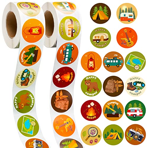1000 Camping Stickers – 2 Rolls of Happy Camper Decals for Travel, Gifts, and Rewards