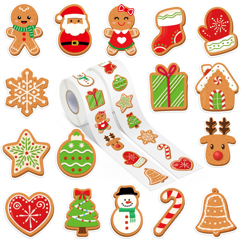 1000 Christmas Gingerbread Man Stickers - 2 Rolls, 16 Designs, Waterproof Vinyl Decals for Holiday Crafts & Gifts