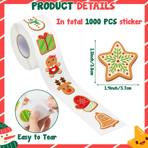 1000 Christmas Gingerbread Man Stickers - 2 Rolls, 16 Designs, Waterproof Vinyl Decals for Holiday Crafts & Gifts