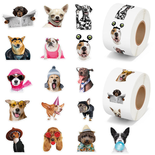 1000 Funny Dog Stickers on Rolls – 16 Cute Designs, Waterproof & Self-Adhesive