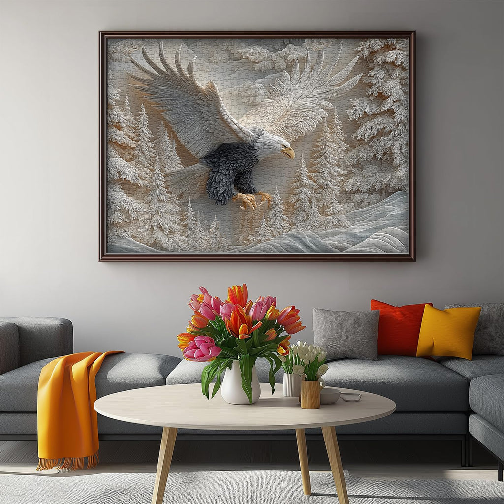 1000-Piece Carved Eagle Jigsaw Puzzle – Bald Eagle in Winter Forest