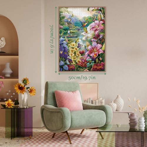 1000 Piece Flower Landscape Puzzle with Letters on Back – Colorful Floral Jigsaw for Adults, Includes Poster and Missing Piece Support