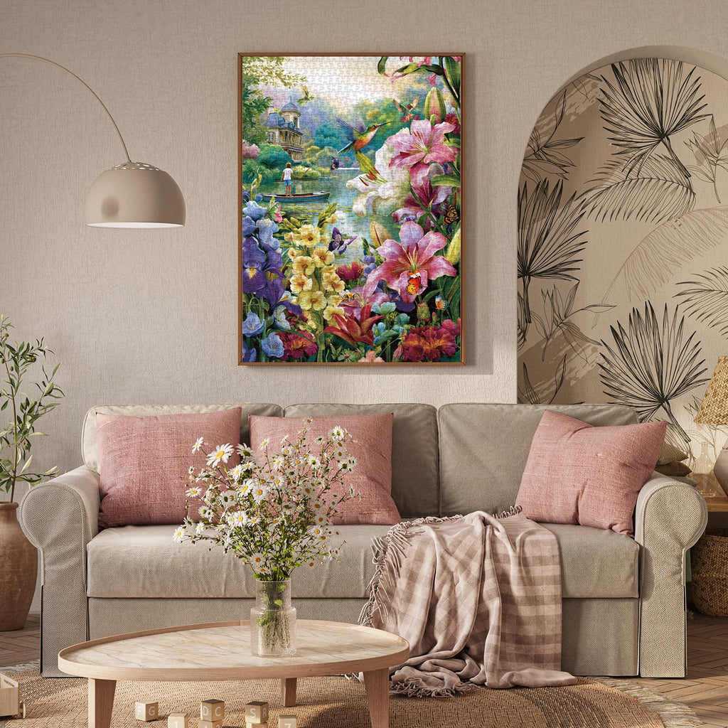 1000 Piece Flower Landscape Puzzle with Letters on Back – Colorful Floral Jigsaw for Adults, Includes Poster and Missing Piece Support