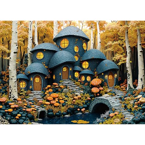 1000 Piece Forest Mushroom Stone House Puzzle - Adult Jigsaw with Poster & Letters on Back