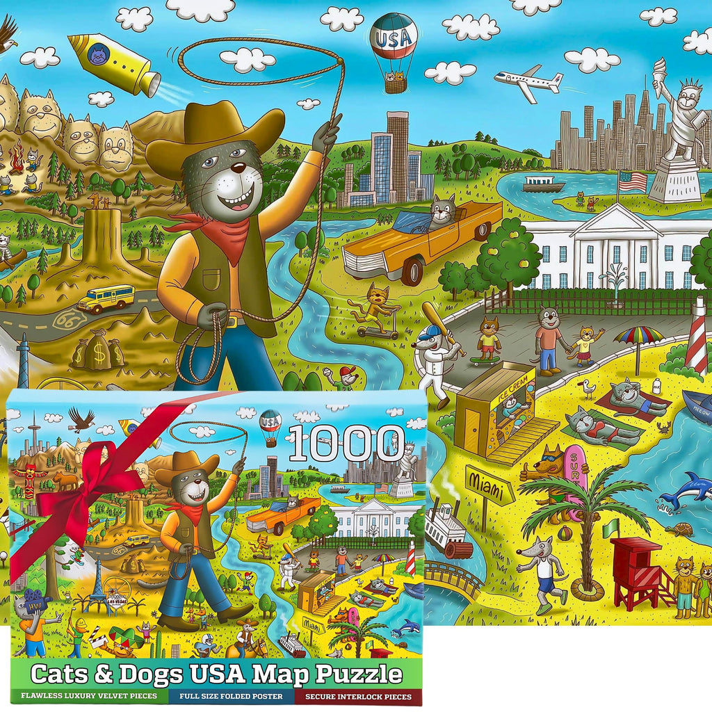 1000 Piece Funny Cats & Dogs USA Map Puzzle by GERJATO – Thick HD Blue Card, Letters on Back, Gift Box with Poster