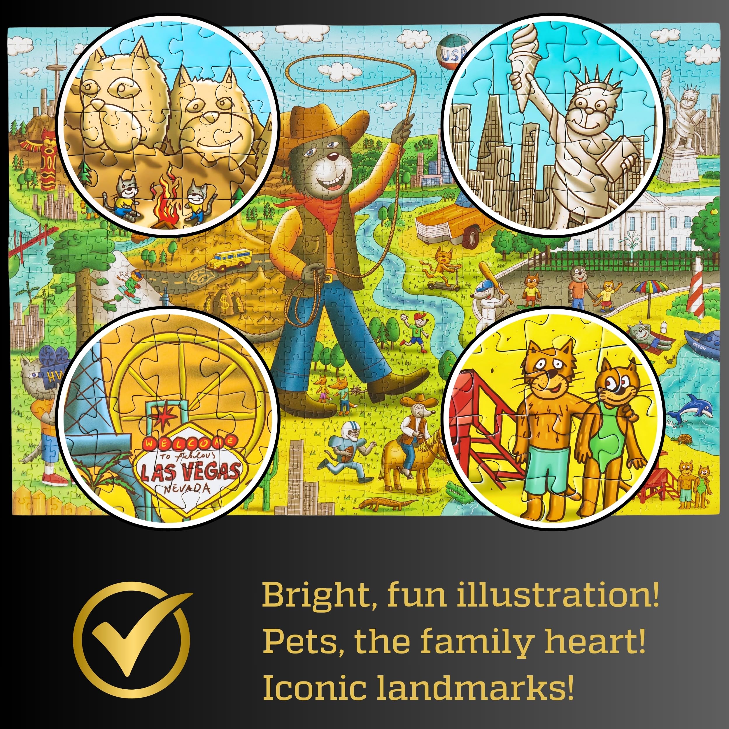 1000 Piece Funny Cats & Dogs USA Map Puzzle by GERJATO – Thick HD Blue Card, Letters on Back, Gift Box with Poster