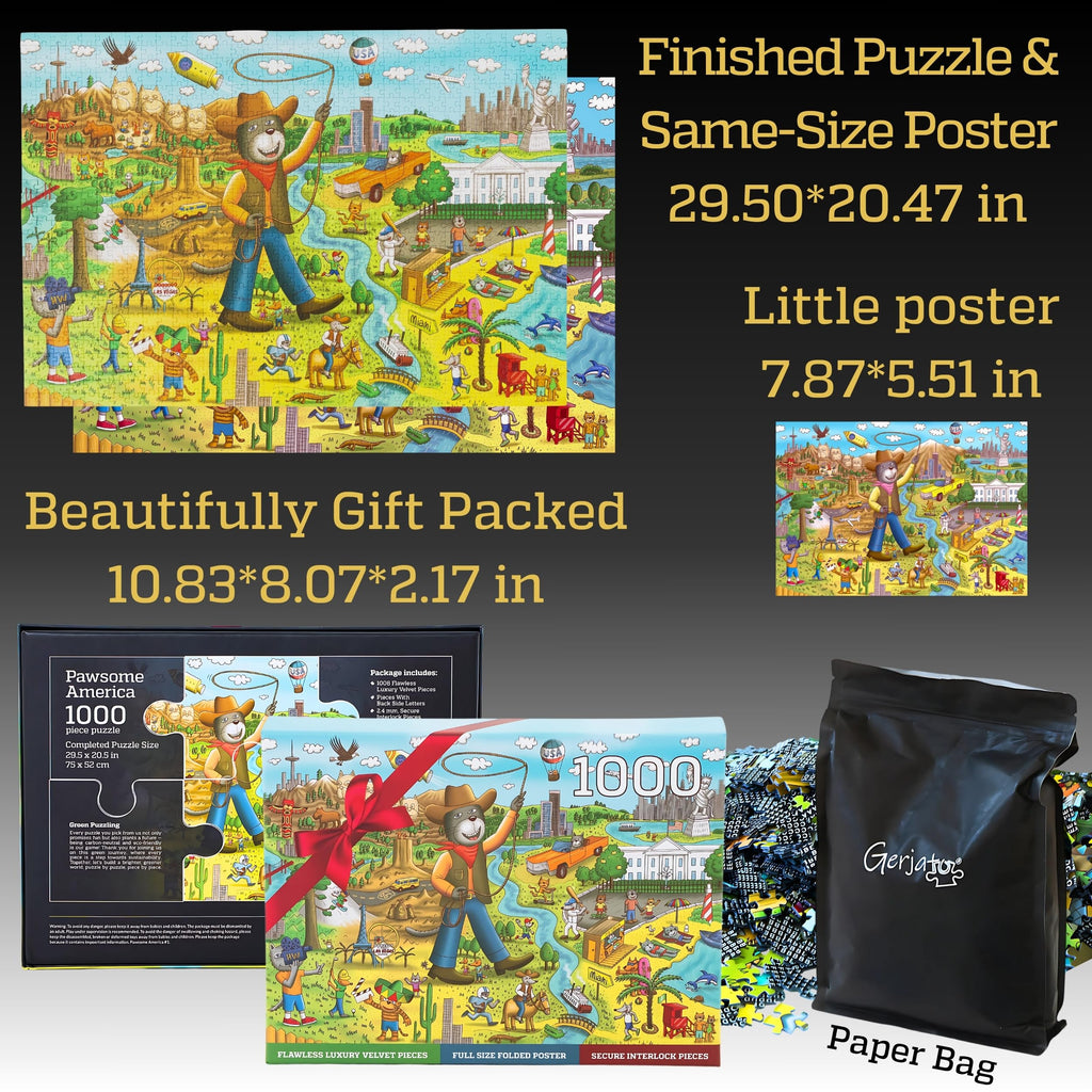 1000 Piece Funny Cats & Dogs USA Map Puzzle by GERJATO – Thick HD Blue Card, Letters on Back, Gift Box with Poster