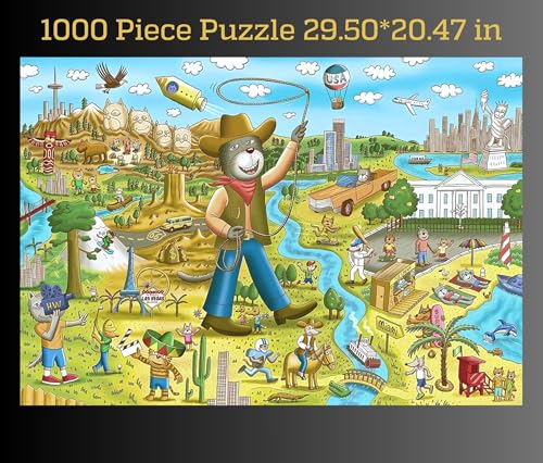 1000 Piece Funny Cats & Dogs USA Map Puzzle by GERJATO – Thick HD Blue Card, Letters on Back, Gift Box with Poster