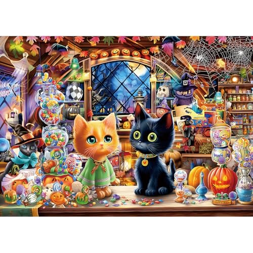 1000-Piece Halloween Cat Puzzle with Witch Magic Shop – PuzzOne Jigsaw for Adults 27.5" x 19.7"