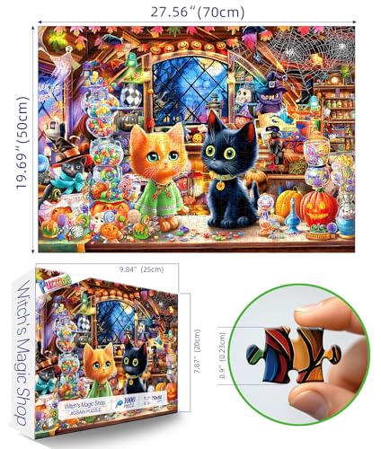 1000-Piece Halloween Cat Puzzle with Witch Magic Shop – PuzzOne Jigsaw for Adults 27.5" x 19.7"