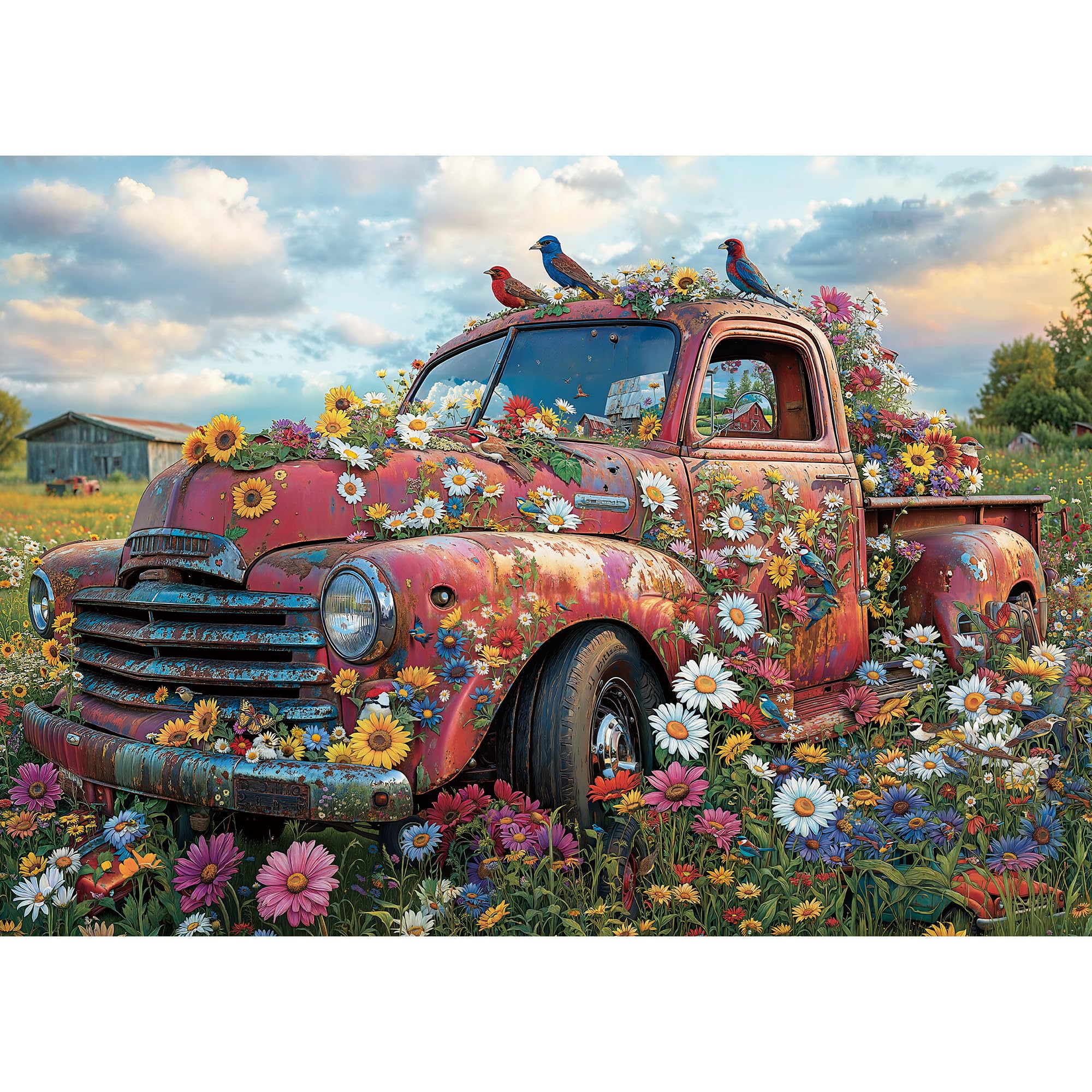 1000-Piece Jigsaw Puzzle with Vintage Pink Pickup and Wildflowers – Letters on Back for Easy Sorting – Includes Full-Size Poster