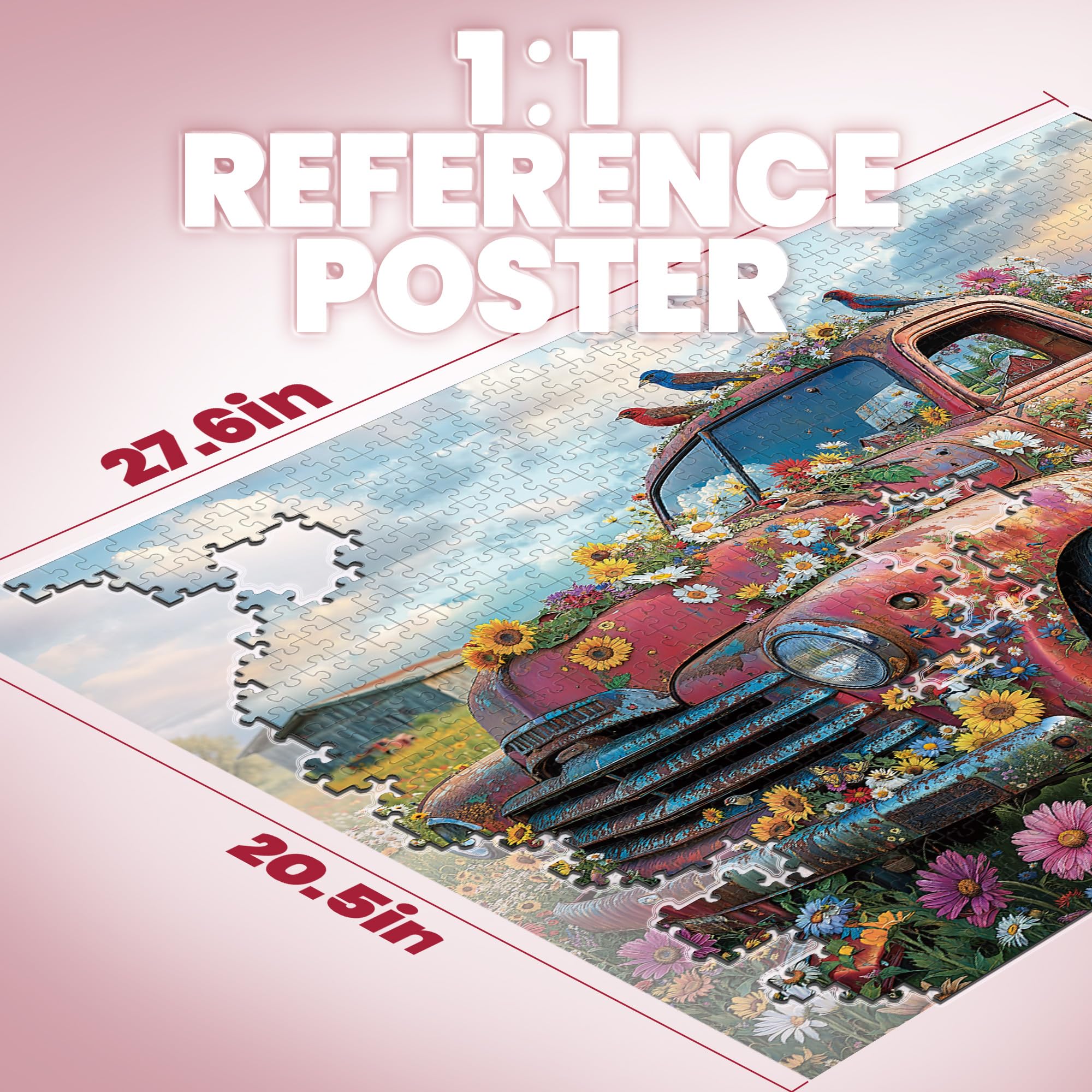 1000-Piece Jigsaw Puzzle with Vintage Pink Pickup and Wildflowers – Letters on Back for Easy Sorting – Includes Full-Size Poster