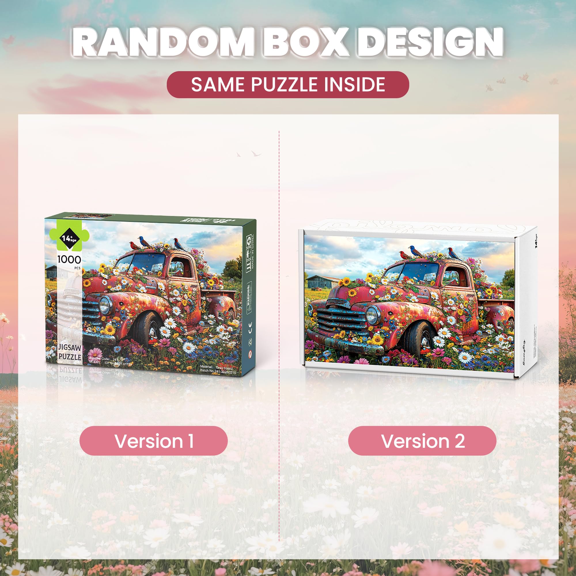 1000-Piece Jigsaw Puzzle with Vintage Pink Pickup and Wildflowers – Letters on Back for Easy Sorting – Includes Full-Size Poster