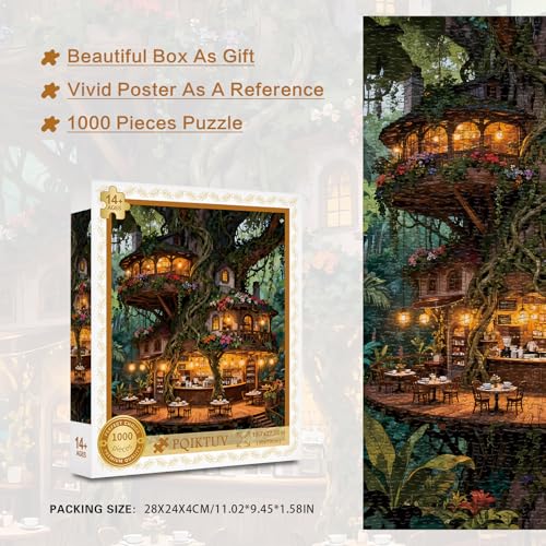 1000-Piece Magical Forest Treehouse Cafe Jigsaw Puzzle for Adults – Whimsical Wall Decor, 19.7 x 27.56 Inches