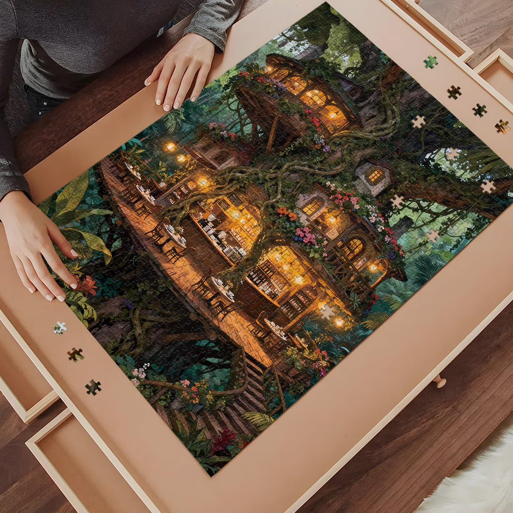 1000-Piece Magical Forest Treehouse Cafe Jigsaw Puzzle for Adults – Whimsical Wall Decor, 19.7 x 27.56 Inches