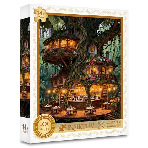 1000-Piece Magical Forest Treehouse Cafe Jigsaw Puzzle for Adults – Whimsical Wall Decor, 19.7 x 27.56 Inches