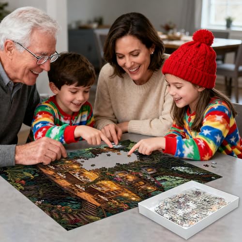 1000-Piece Magical Forest Treehouse Cafe Jigsaw Puzzle for Adults – Whimsical Wall Decor, 19.7 x 27.56 Inches
