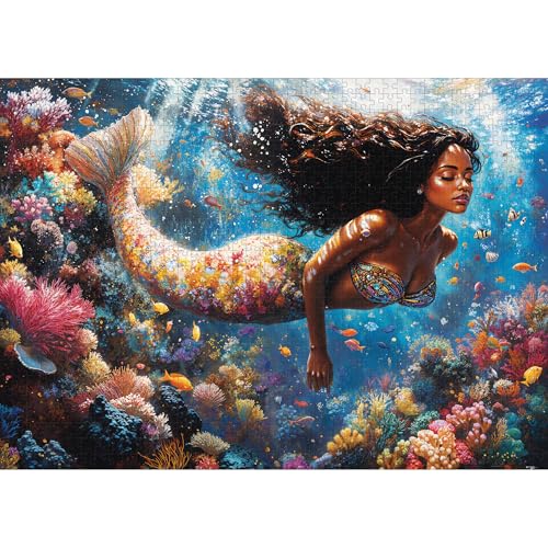 1000-Piece Mermaid Jigsaw Puzzle for Adults – Ocean Beach Scene with Letters on Back, Includes Full-Size Poster, 27.6 x 19.7 Inches