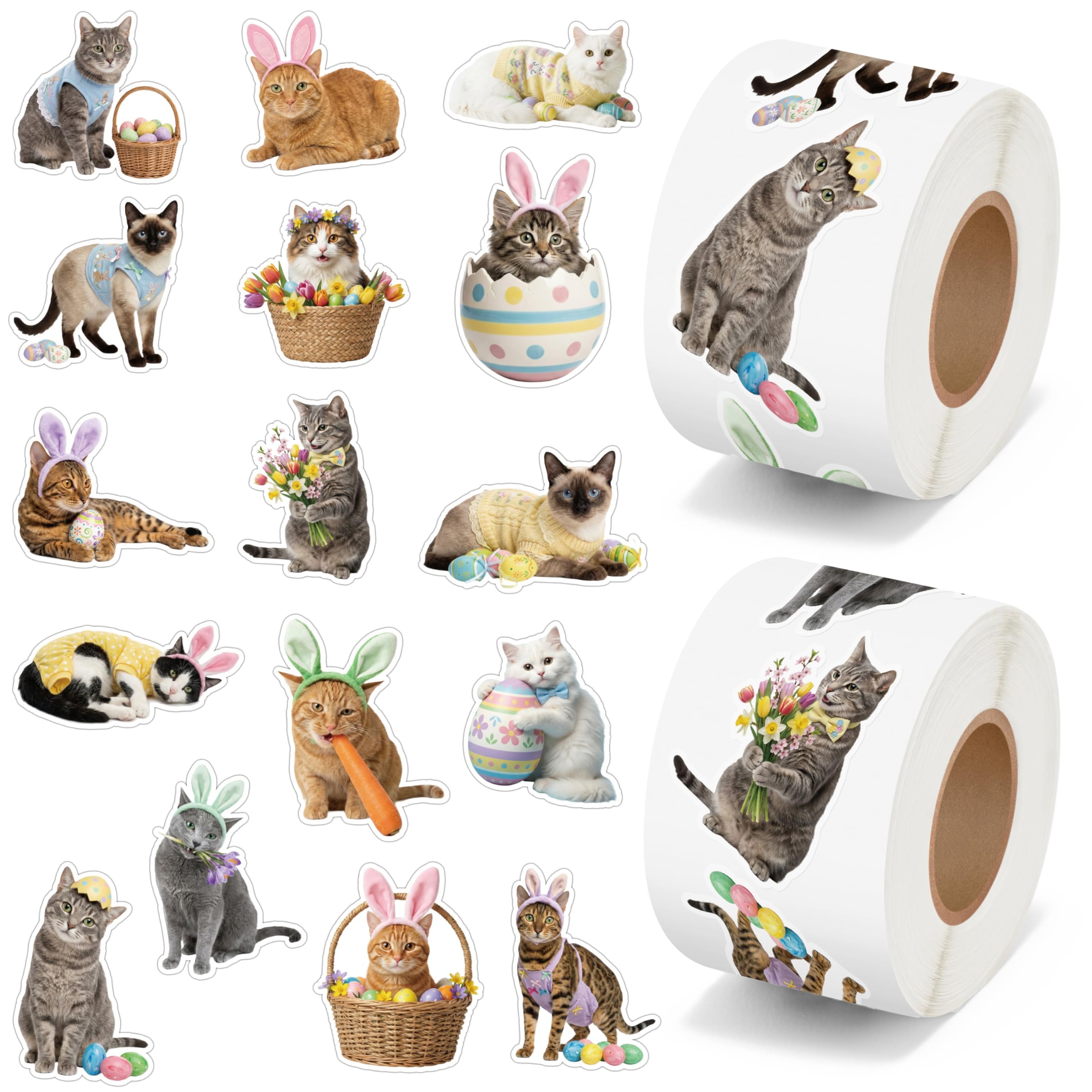 1000 Realistic Cat Roll Stickers – 16 Easter Kitten Designs, Waterproof Vinyl Decals for Laptops, Guitars & Party Favors