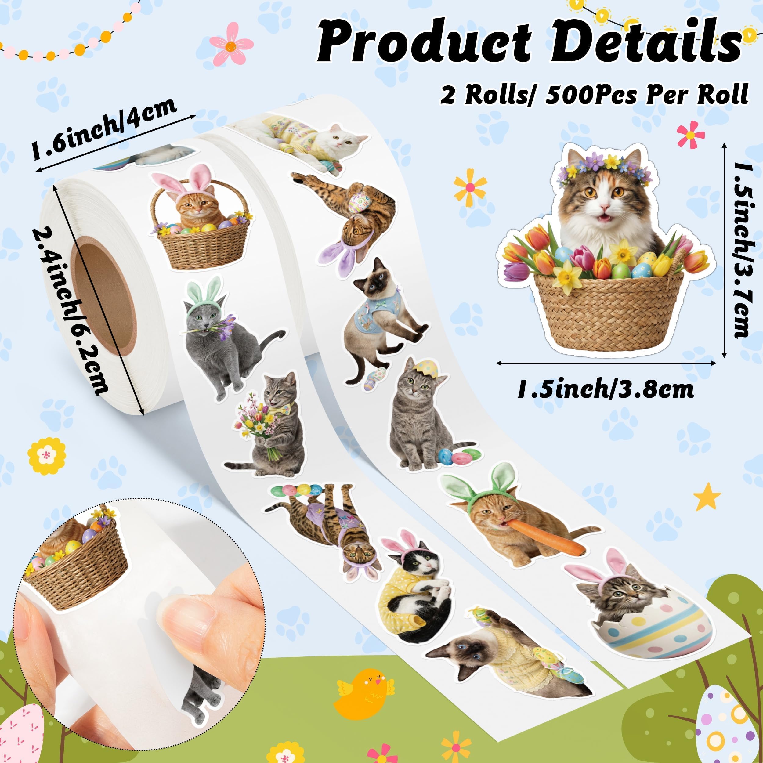 1000 Realistic Cat Roll Stickers – 16 Easter Kitten Designs, Waterproof Vinyl Decals for Laptops, Guitars & Party Favors
