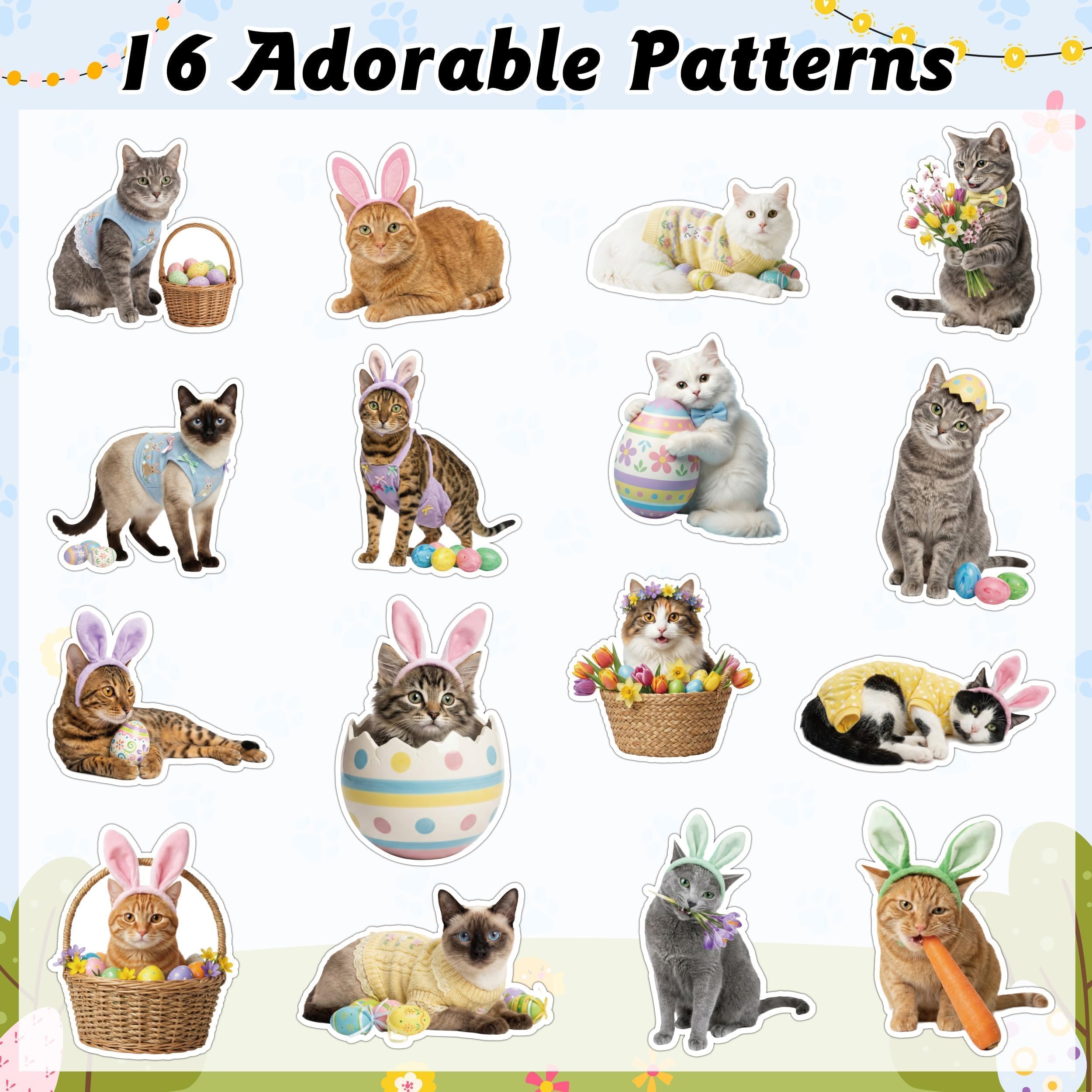 1000 Realistic Cat Roll Stickers – 16 Easter Kitten Designs, Waterproof Vinyl Decals for Laptops, Guitars & Party Favors