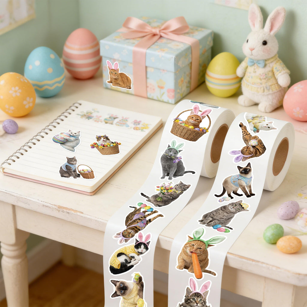 1000 Realistic Cat Roll Stickers – 16 Easter Kitten Designs, Waterproof Vinyl Decals for Laptops, Guitars & Party Favors