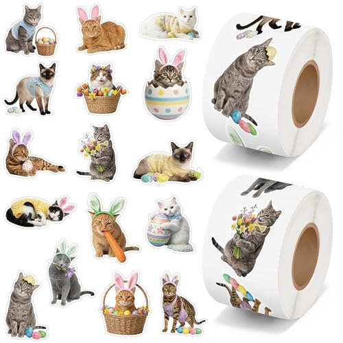 1000 Realistic Cat Roll Stickers – 16 Easter Kitten Designs, Waterproof Vinyl Decals for Laptops, Guitars & Party Favors