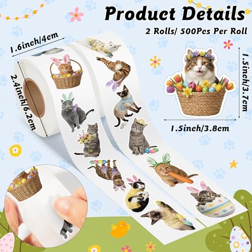 1000 Realistic Cat Roll Stickers – 16 Easter Kitten Designs, Waterproof Vinyl Decals for Laptops, Guitars & Party Favors
