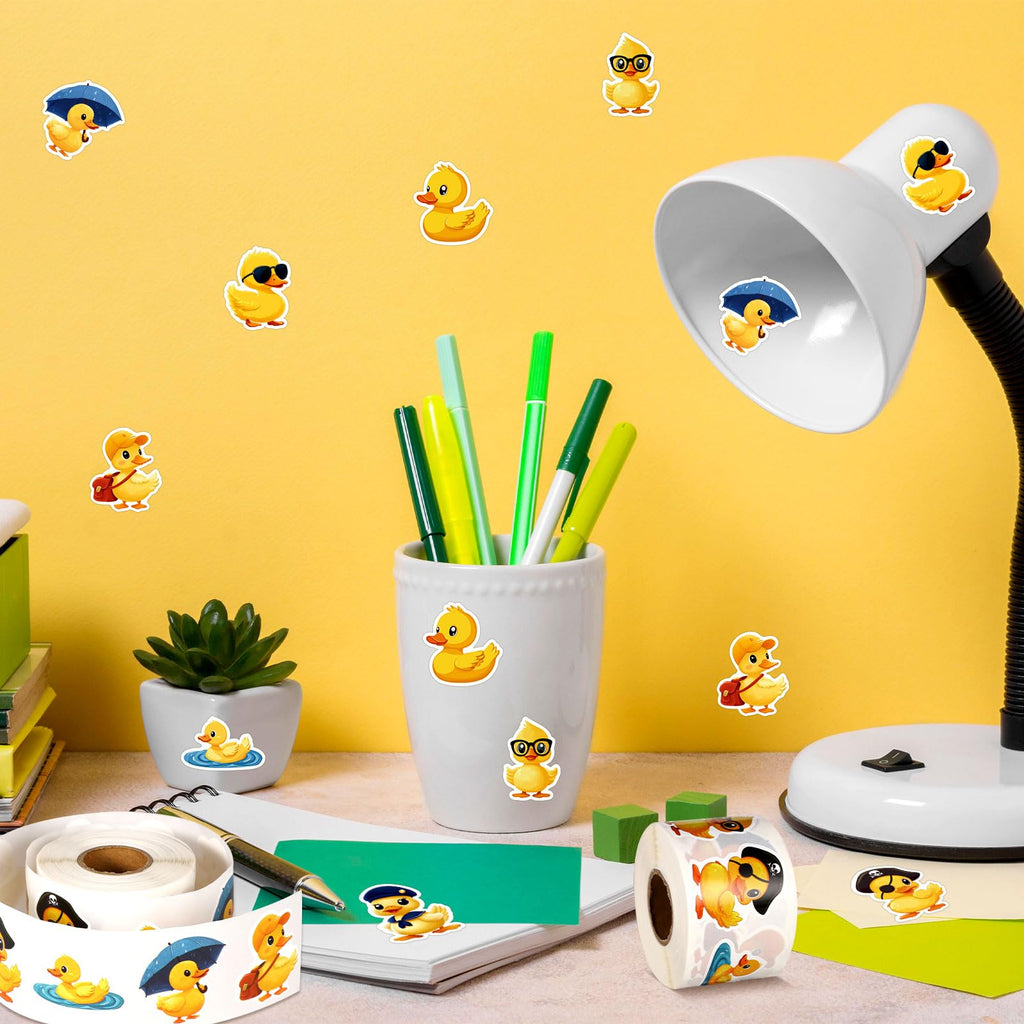 1000 Yellow Duck Stickers - 2 Rolls of 1.5in Cute Self-Adhesive Vinyl Decals for Laptop, Skateboard, Luggage