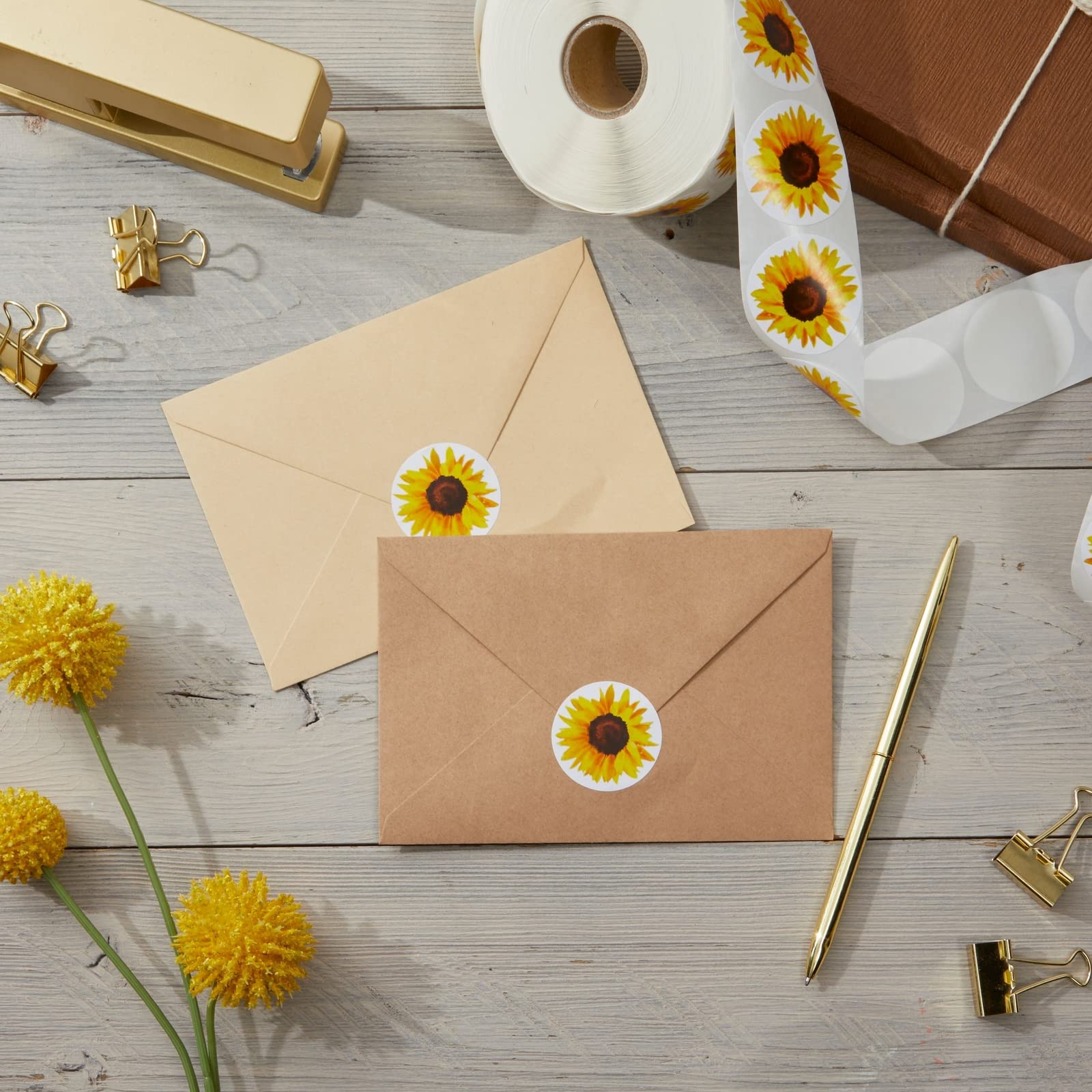 1000 Yellow Sunflower Stickers - BLUE PANDA Flower Decals Roll for DIY Crafts, Envelope Seals (1.5 Inch)