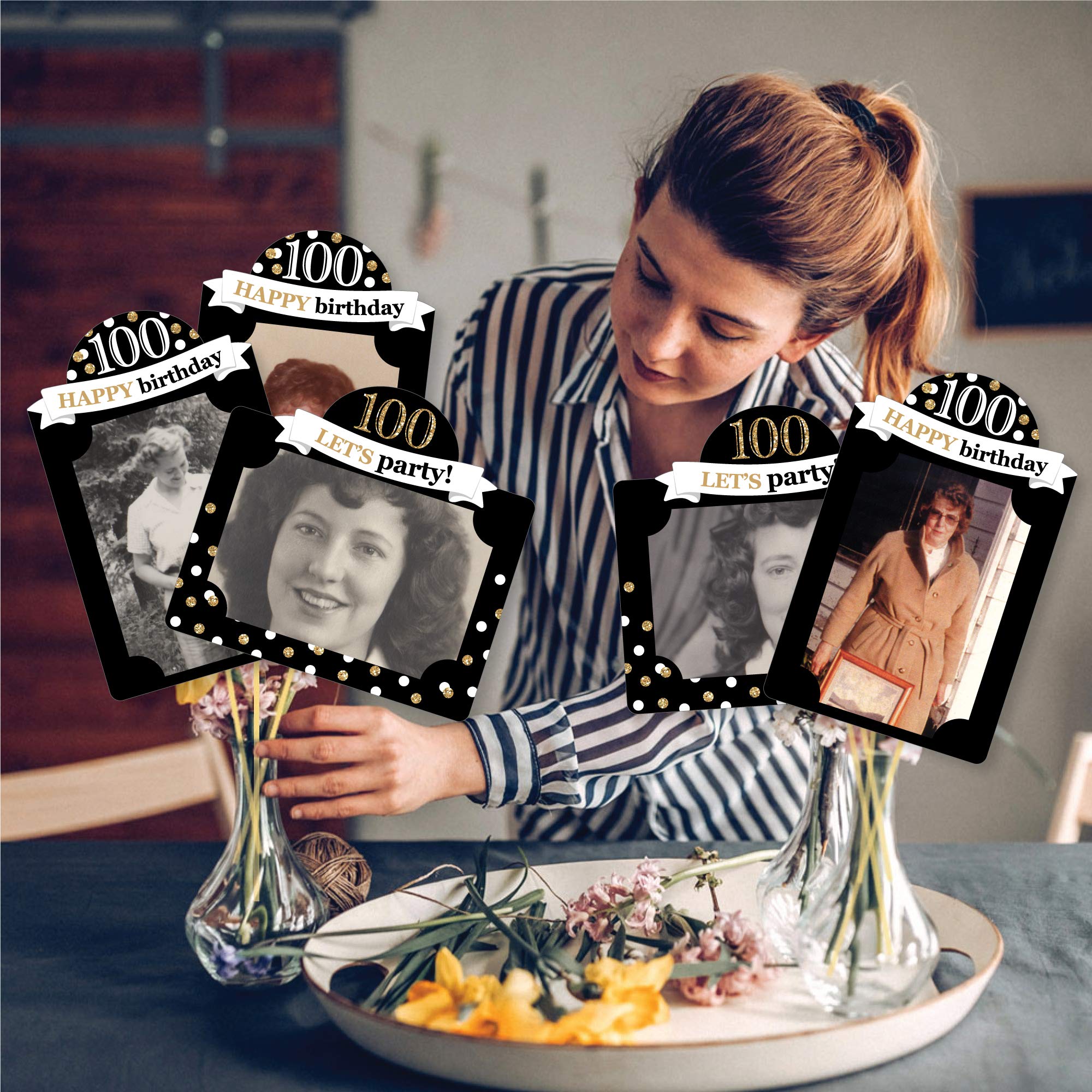 100th Birthday Photo Centerpiece Kit – 15 Gold Double-Sided Photo Holders with Sticks for 4x6 Photos