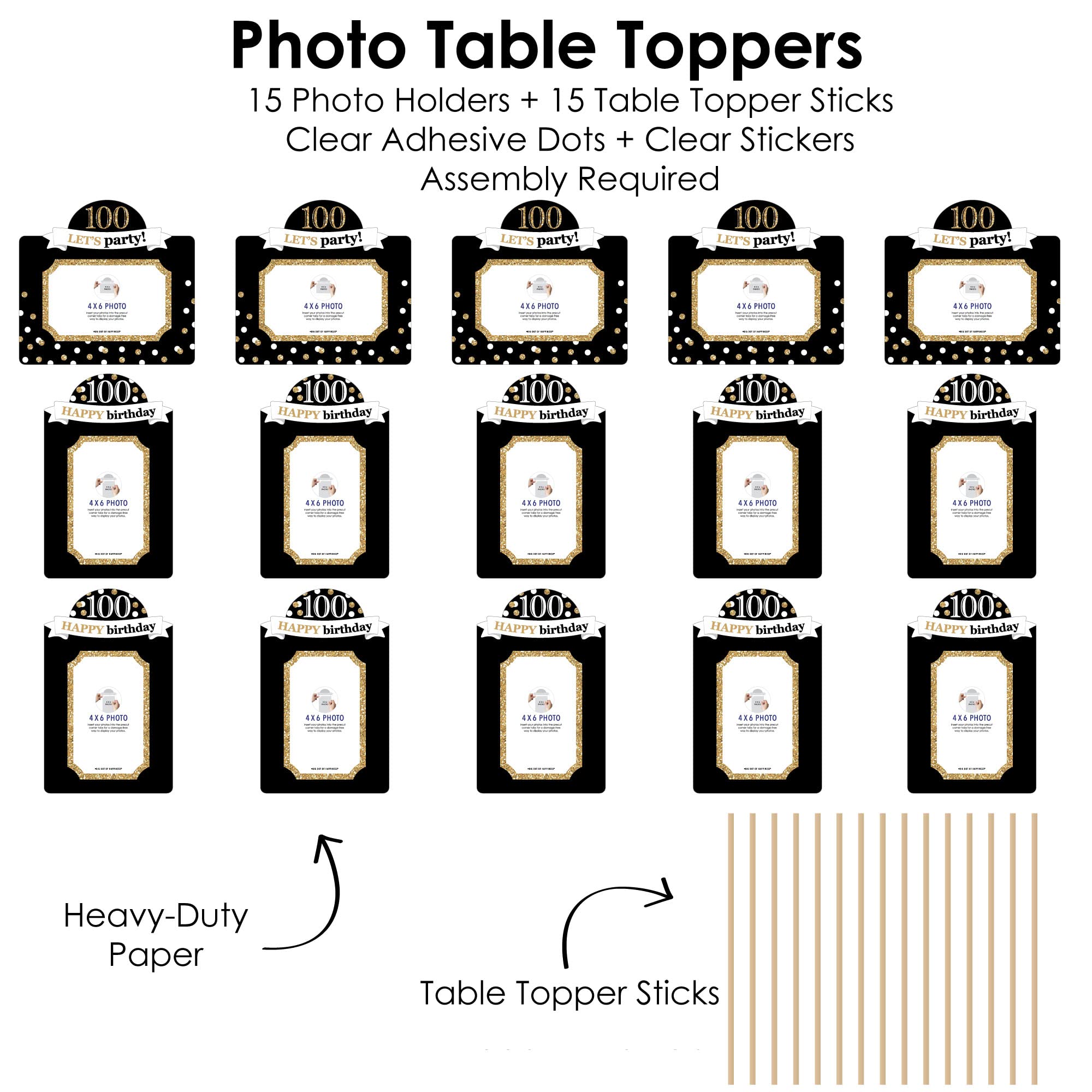 100th Birthday Photo Centerpiece Kit – 15 Gold Double-Sided Photo Holders with Sticks for 4x6 Photos