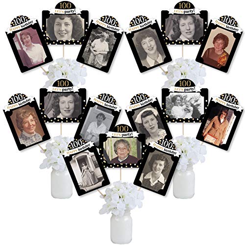100th Birthday Photo Centerpiece Kit – 15 Gold Double-Sided Photo Holders with Sticks for 4x6 Photos