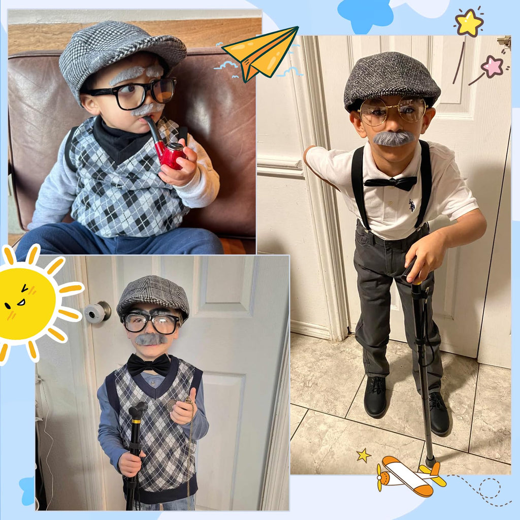 100th Day of School Grandpa Costume Set for Boys – Includes Hat, Suspenders, Glasses, and More