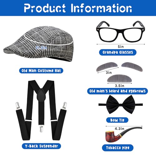 100th Day of School Grandpa Costume Set for Boys – Includes Hat, Suspenders, Glasses, and More