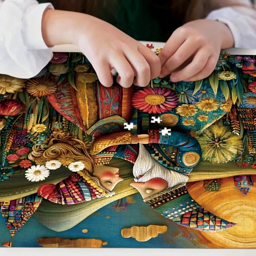 1024-Piece Jigsaw Puzzle for Adults – Bohemian Gnome Couple Floral Field by PULEZZFORU