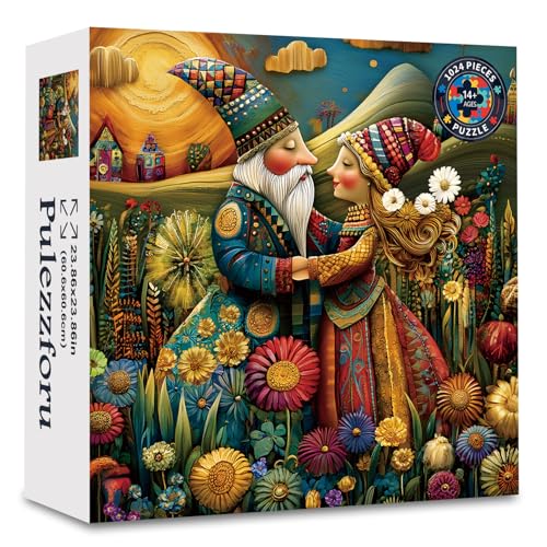 1024-Piece Jigsaw Puzzle for Adults – Bohemian Gnome Couple Floral Field by PULEZZFORU
