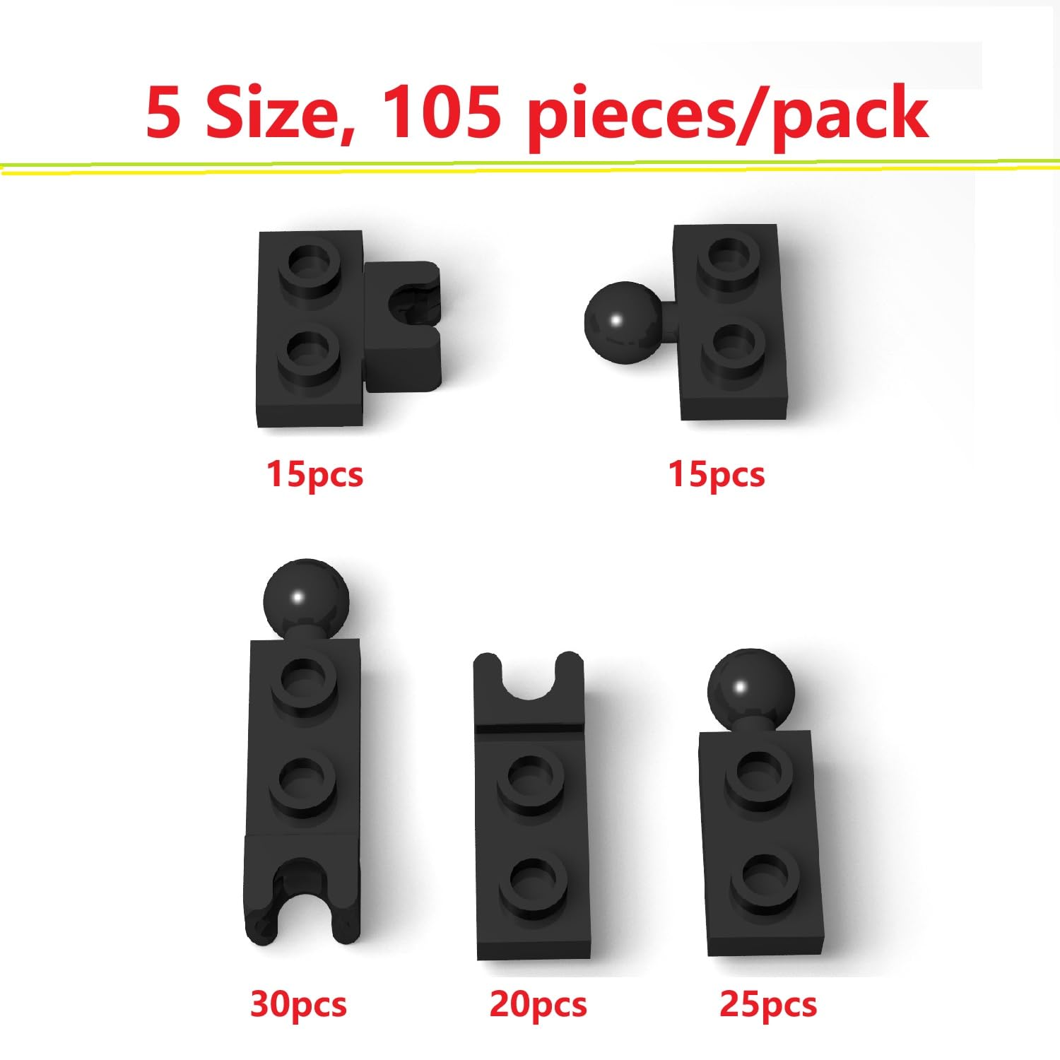 105-Piece Black Ball Joint Plate Bulk Set – 5 Sizes of Ball and Socket Joints Compatible with Lego