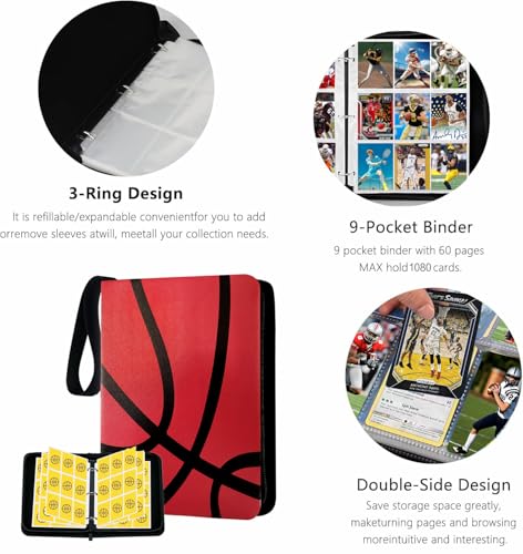 1080-Pocket Trading Card Binder with Zipper – Basketball Design, 60 Removable Pages by TCGCARDIUM