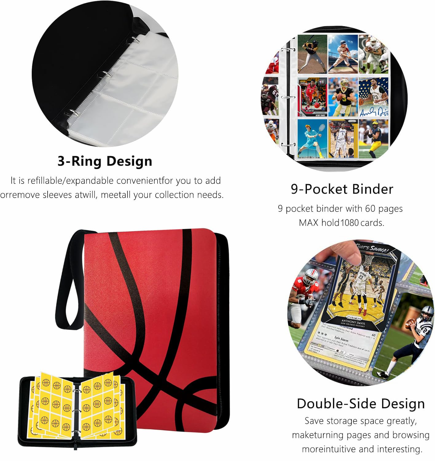1080-Pocket Trading Card Binder with Zipper – Basketball Design, 60 Removable Pages by TCGCARDIUM