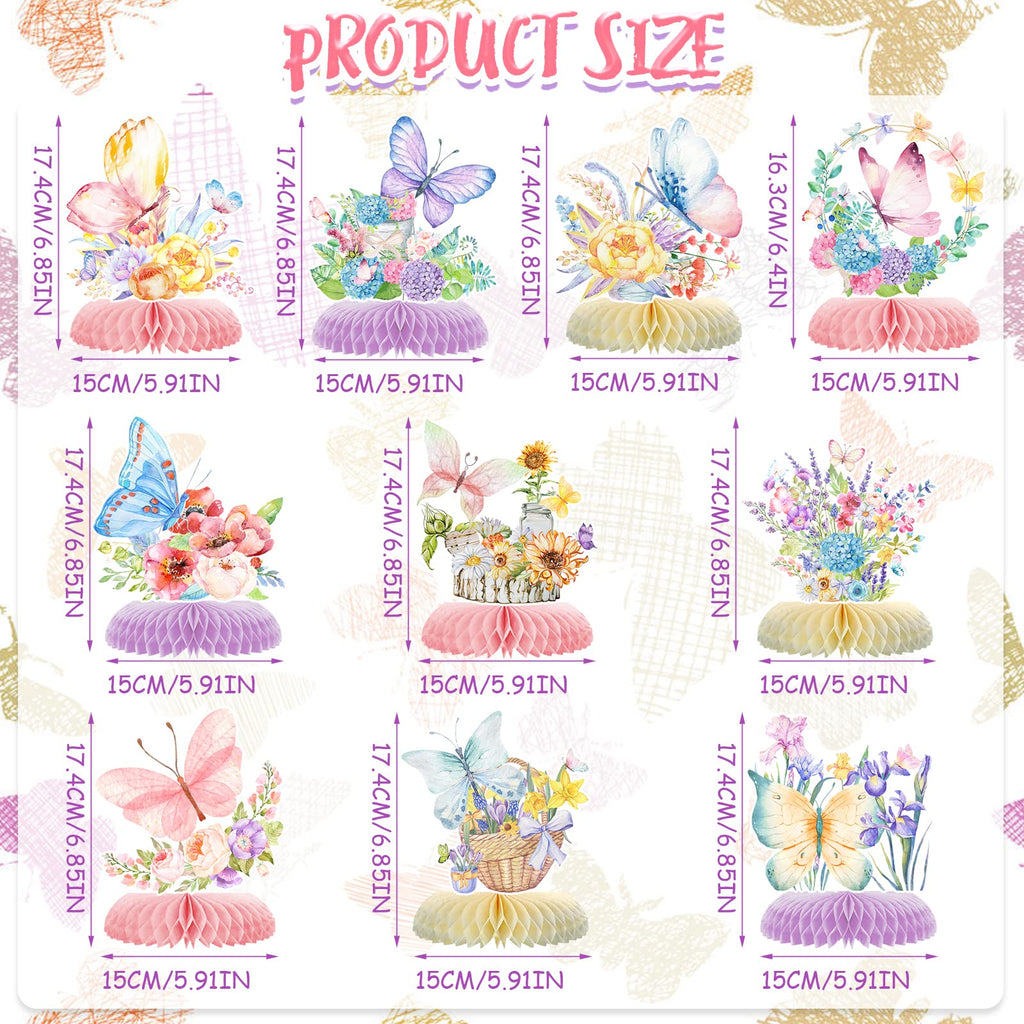 10pcs Butterfly Party Decorations - Spring Pink Purple Butterfly Flowers Centerpieces 3D Table Honeycomb Toppers for Girls Baby Shower Party Photo Prop Supplies