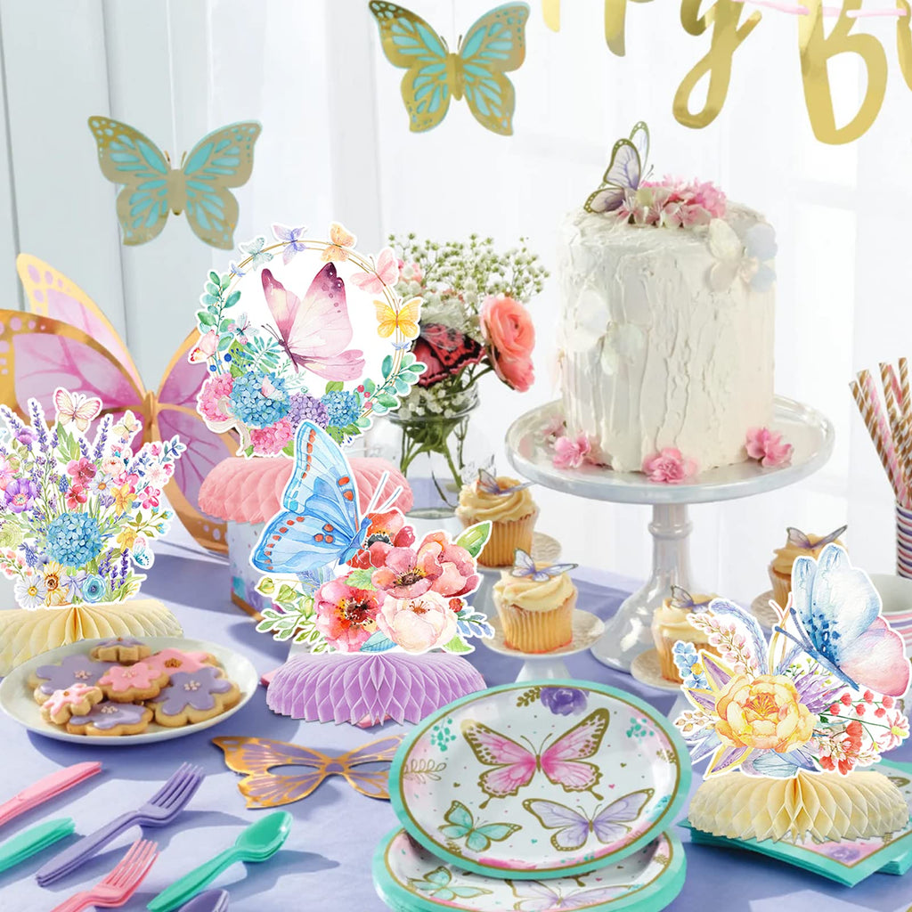 10pcs Butterfly Party Decorations - Spring Pink Purple Butterfly Flowers Centerpieces 3D Table Honeycomb Toppers for Girls Baby Shower Party Photo Prop Supplies