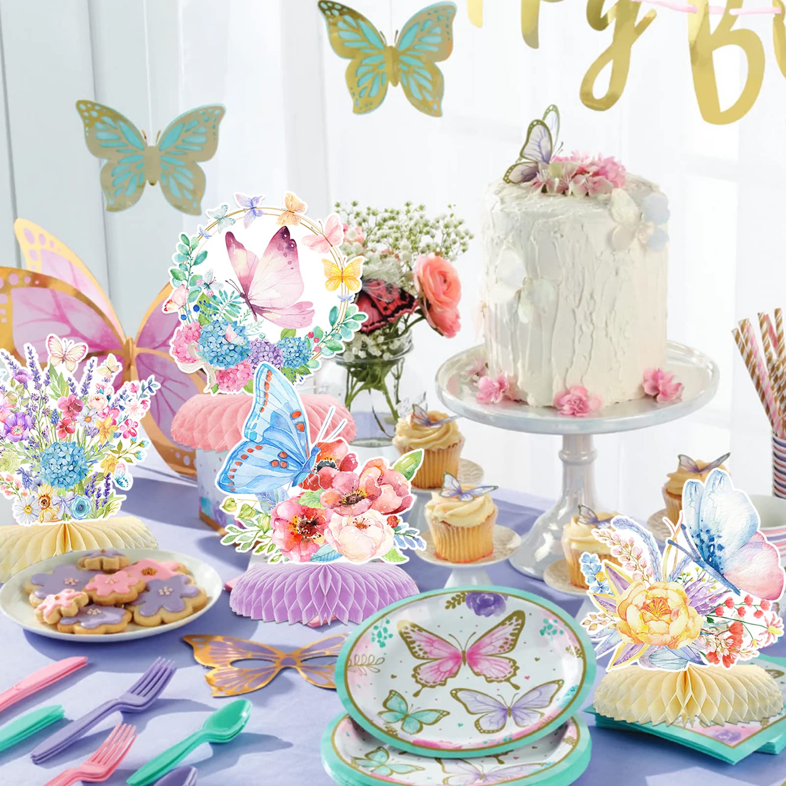 10pcs Butterfly Party Decorations - Spring Pink Purple Butterfly Flowers Centerpieces 3D Table Honeycomb Toppers for Girls Baby Shower Party Photo Prop Supplies