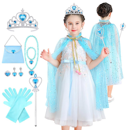 11-Piece Princess Cape Set with Crown, Wand, Jewelry, and Bag for Girls