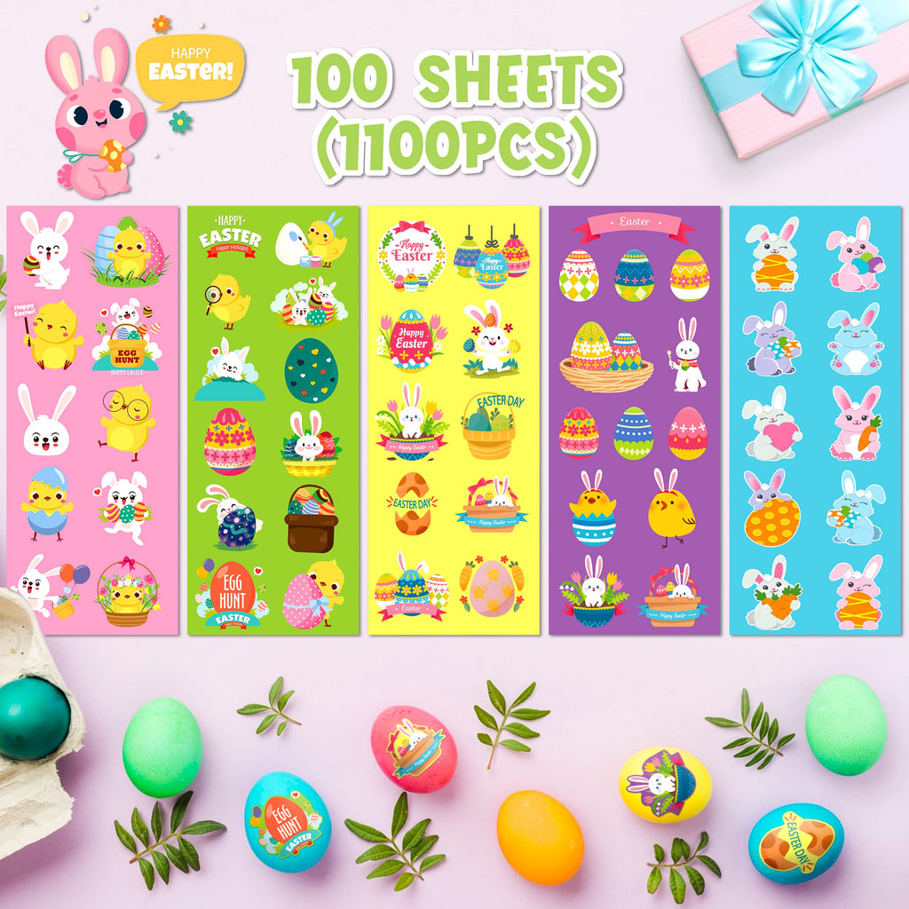 1100 Assorted Easter Stickers for Kids - 55 Designs, Reusable Vinyl