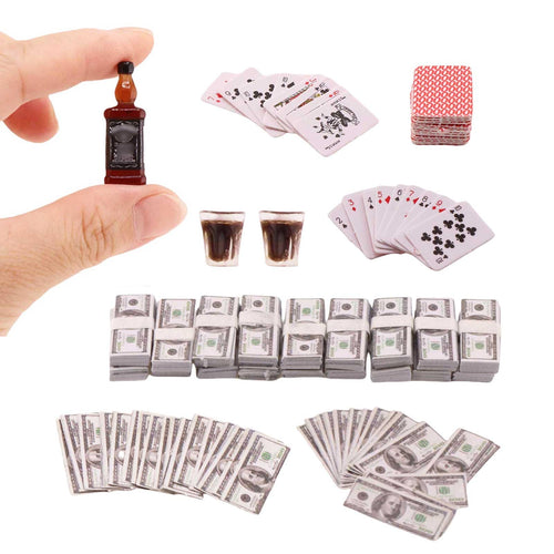 1:12 Scale Miniature Doll Accessories Set – 400 Pcs Fake Money, Playing Cards & Wine Bottle for Dollhouse