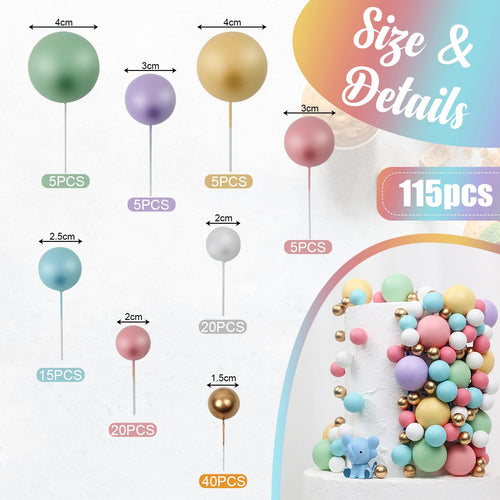 115 Pcs Pastel Foam Ball Cake Toppers - Mini Balloon Cupcake Picks for DIY Cakes, Birthday, Wedding, Baby Shower - 5 Sizes, Non-Edible